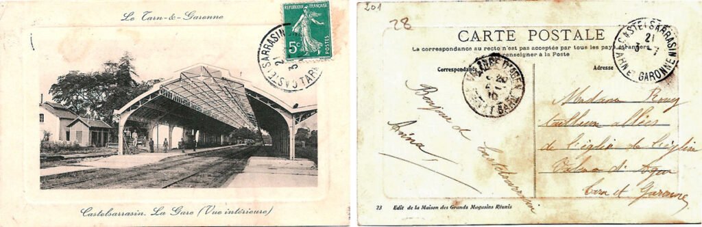 Castelsarrasin - La Gare. Date : 03/07/1910. Destination : Valence d'Agen (Tarn-et-Garonne)