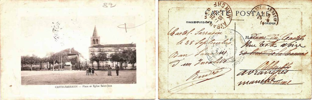 00079. Castelsarrasin - Place et Eglise Saint-Jean. Date : 25/09/1914. Destination : Avranches (Manche).
